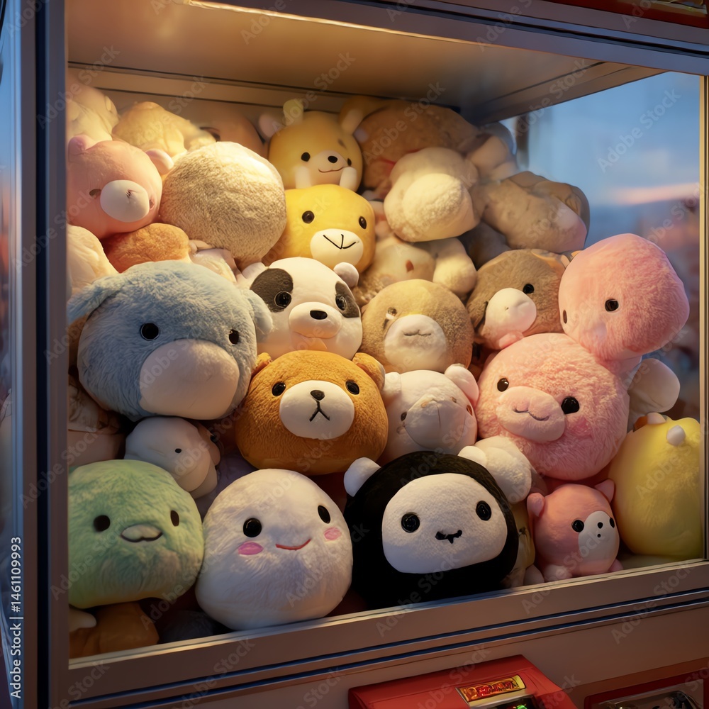 Colorful plush toys in a claw machine, perfect for kids and collectors.