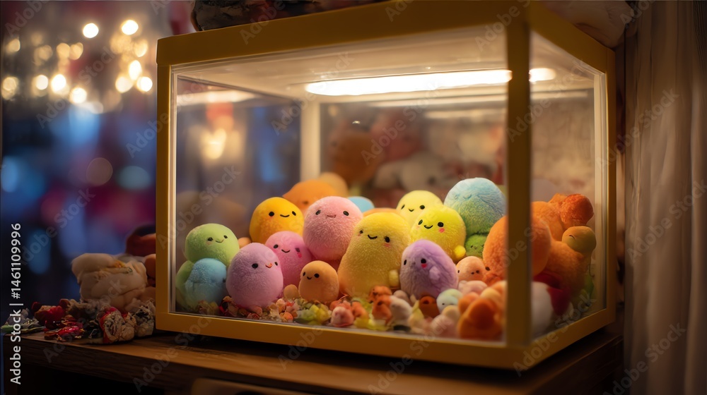 Colorful plush toys displayed in a glass case illuminated by warm light.