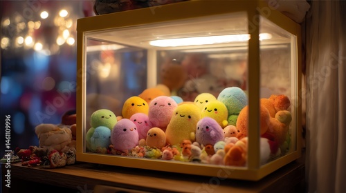 Obraz na płótnie Colorful plush toys displayed in a glass case illuminated by warm light. w salonie