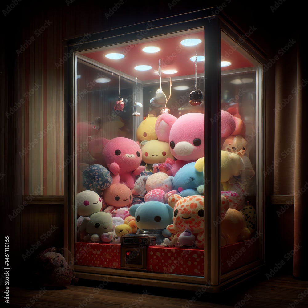 Claw machine filled with colorful plush toys in a bright arcade setting.