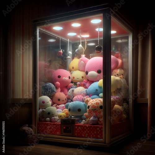 Obraz na płótnie Claw machine filled with colorful plush toys in a bright arcade setting. w salonie