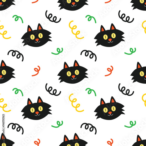 Black cat face cartoon seamless pattern background for wallpaper and wrapping. Halloween concept