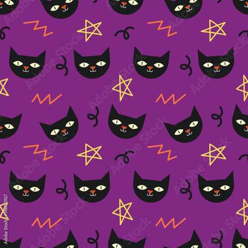Black cat face cartoon seamless pattern purple background for wallpaper and wrapping. Halloween concept
