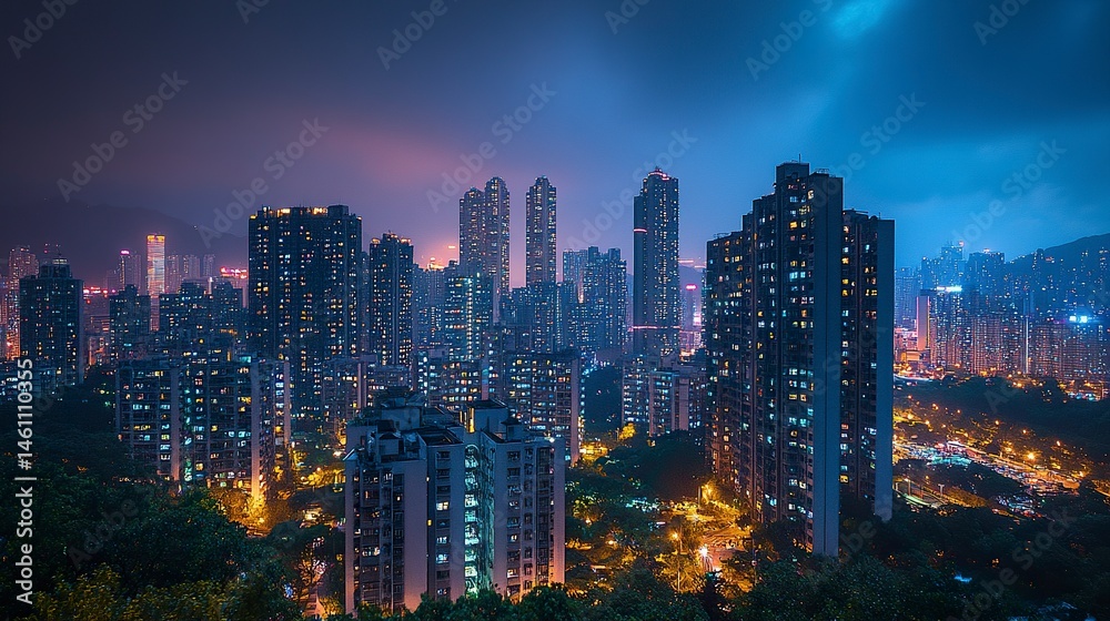 Nighttime city panorama with towering buildings and glowing windows, aerial angle showcasing architectural density and colorful lighting in the urban core Nighttime city panorama with towering buildings and glowing windows, aerial angle showcasing architectural density and colorful lighting in the urban core