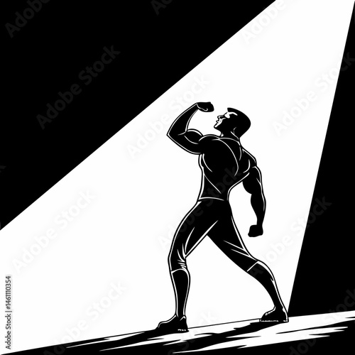 Powerful Muscular Man Silhouette Fitness Strength Bodybuilding Champion Achievement Victory Goal Success Spotlight