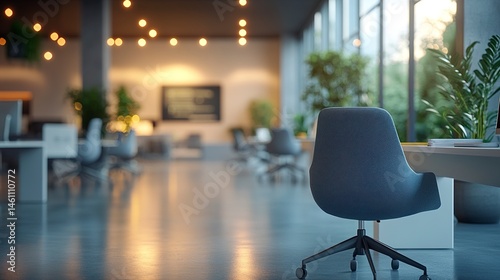 Wallpaper Mural Out-of-focus modern office interior with gray chairs and white desks, soft bokeh lighting and clean architectural lines, minimalistic aesthetic  Torontodigital.ca