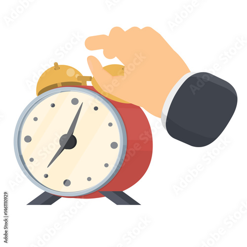 Ringing alarm clock. Stop the clock with your hand, vector illustration.