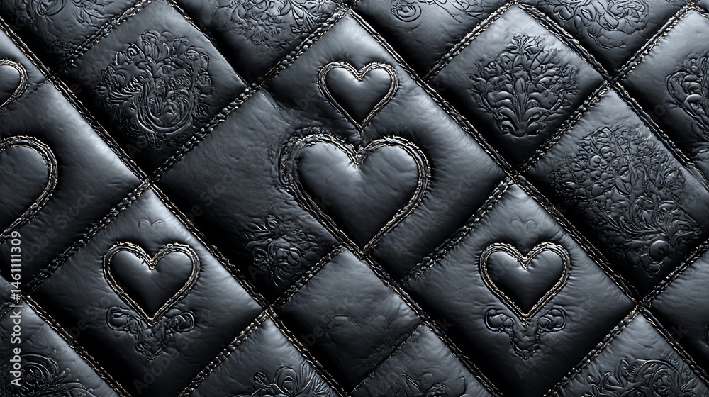 Black quilted fabric with embossed heart patterns, intricate texture detail.