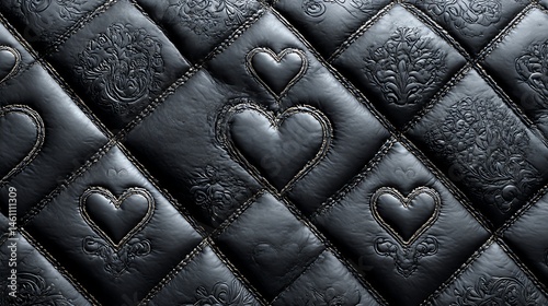 Obraz na płótnie Black quilted fabric with embossed heart patterns, intricate texture detail. w salonie