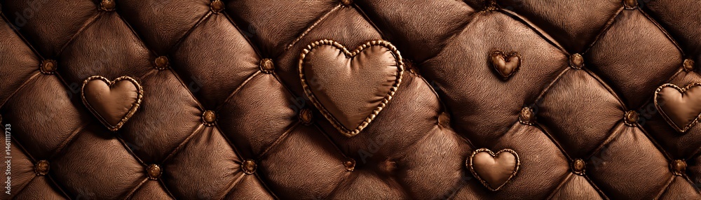Brown quilted leather background with heart patterns, stylish and elegant design.