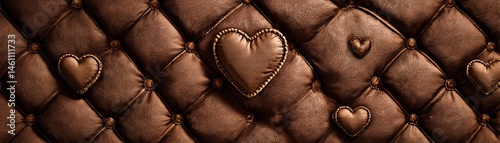 Brown quilted leather background with heart patterns, stylish and elegant design.