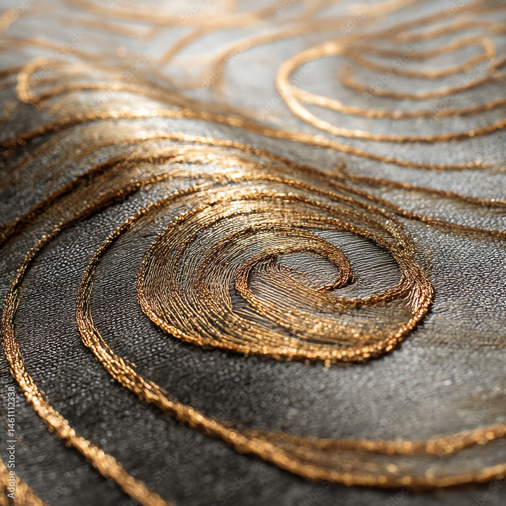 Intricate golden swirl patterns on a dark textured background.