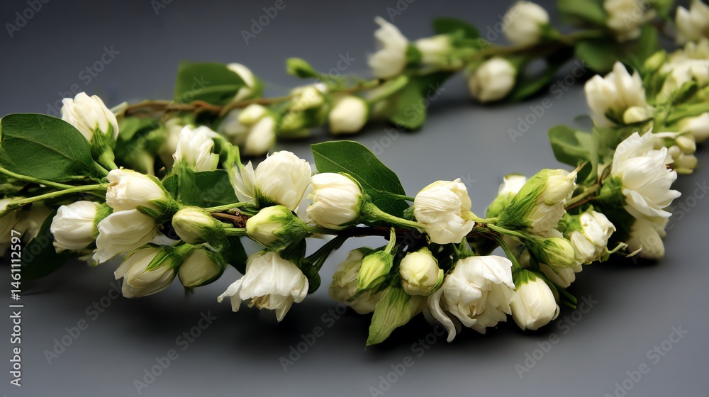 Delicate white jasmine flower garland on a gray background.