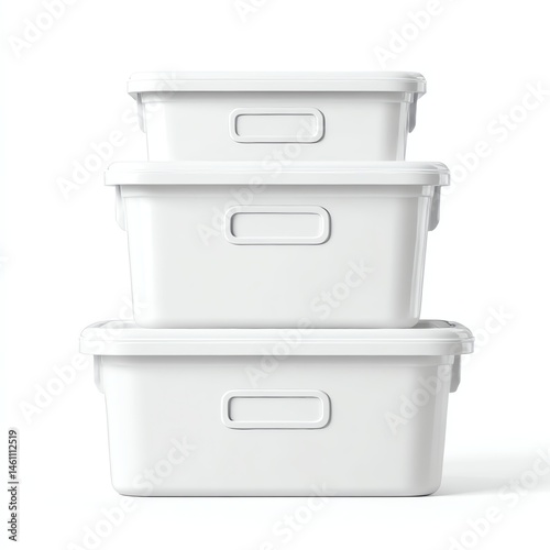 Obraz na płótnie Stacked white storage boxes on a white background for organization. w salonie