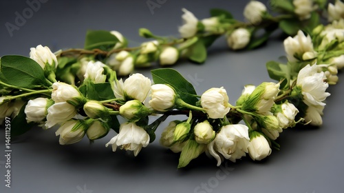 Obraz na płótnie Delicate white jasmine flower garland on a gray background. w salonie