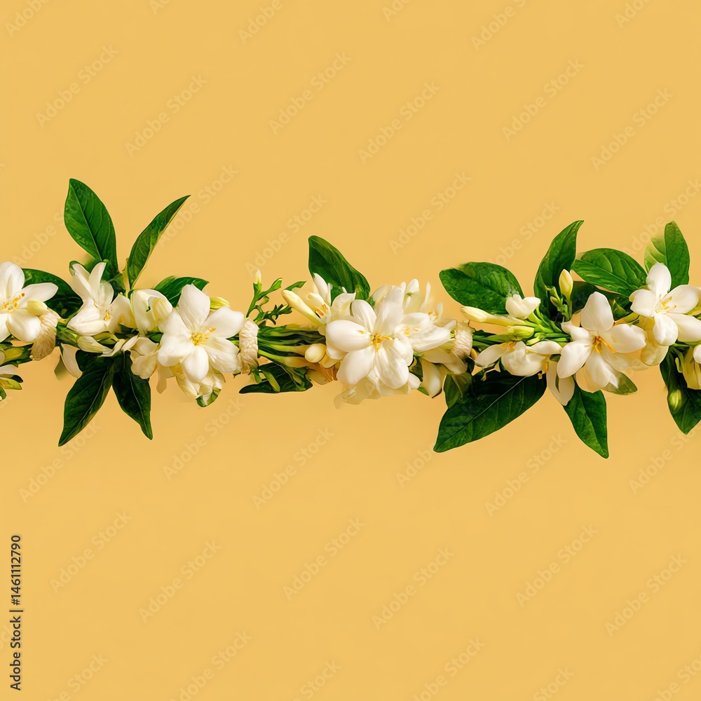 Fresh jasmine flowers with vibrant green leaves on a yellow background.