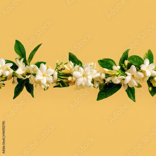 Obraz na płótnie Fresh jasmine flowers with vibrant green leaves on a yellow background. w salonie
