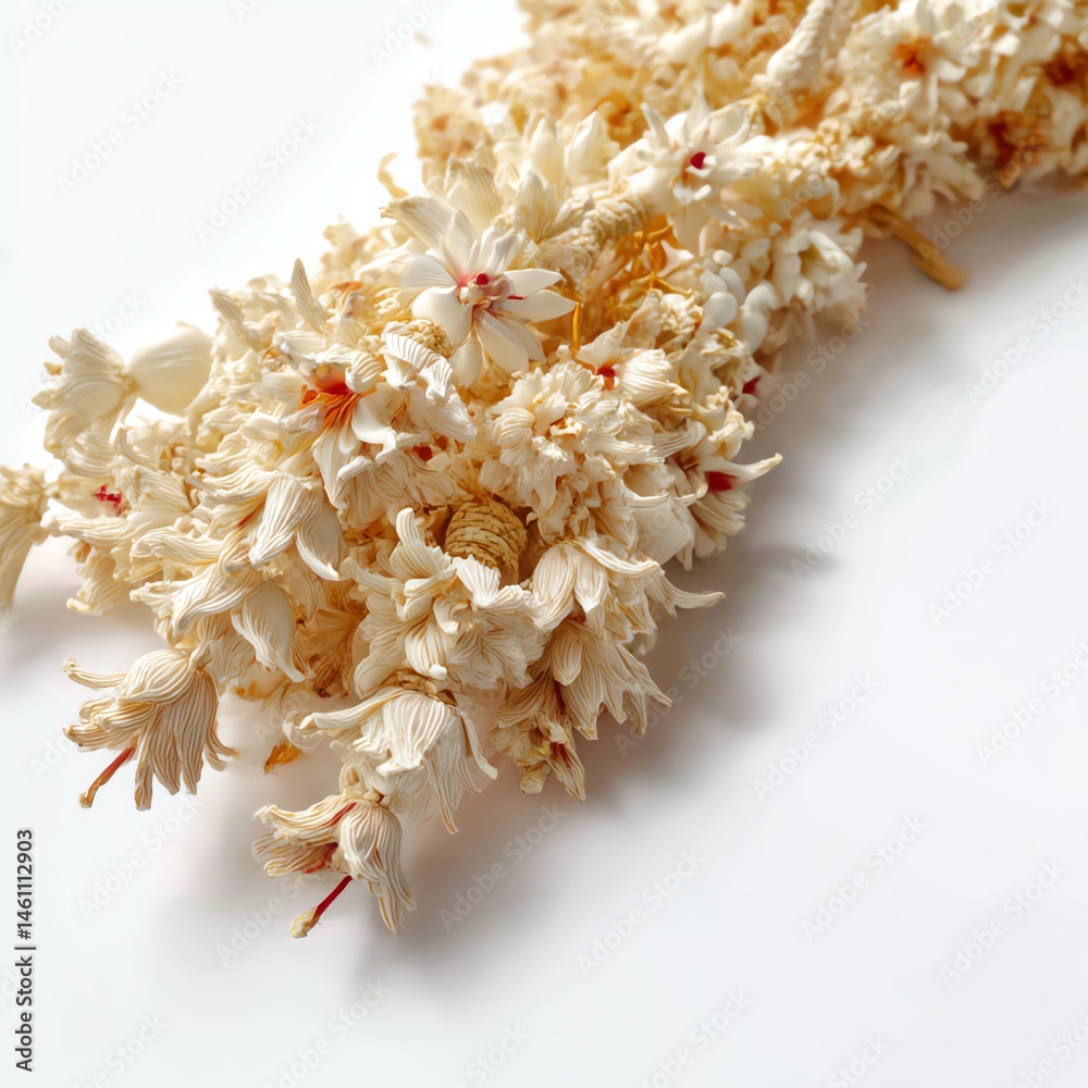 Dried flowers arrangement with delicate petals, white isolate background