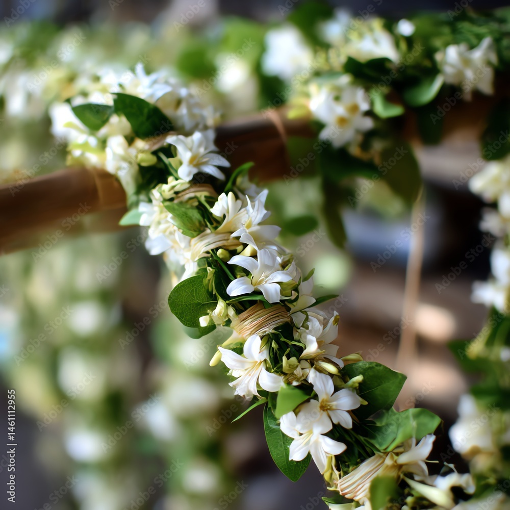 Beautiful garland made of delicate white flowers and green leaves.
