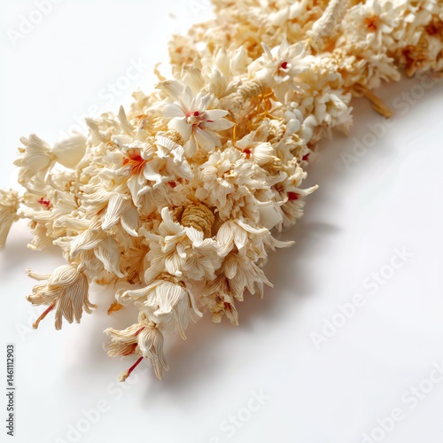 Dried flowers arrangement with delicate petals, white isolate background