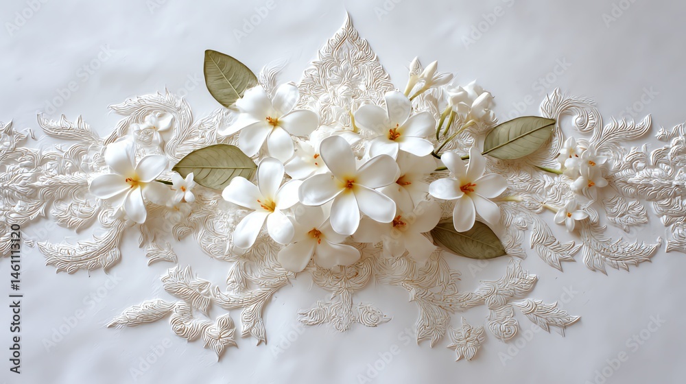 Delicate white flowers with lace on a white background.