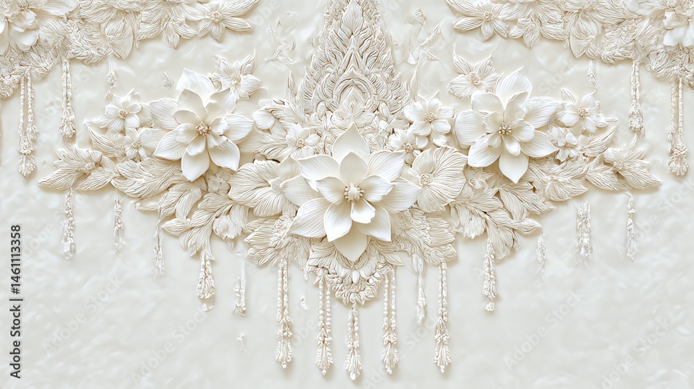 Elegant white floral design with intricate details and textures.