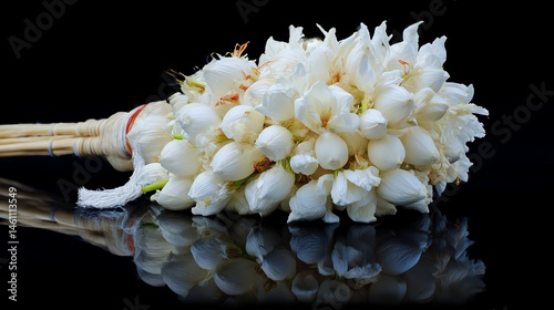 A beautiful bouquet of delicate white flowers on a reflective surface.