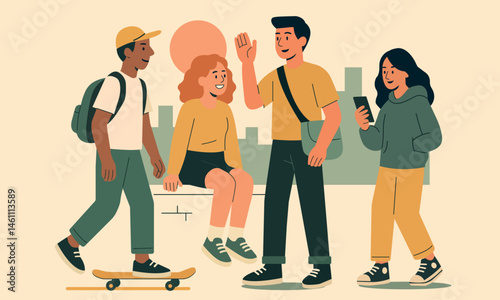 An illustration of a group of young people in the street, teenagers chatting, riding a skateboard, looking at a phone, smiling and having fun, with a city background. 