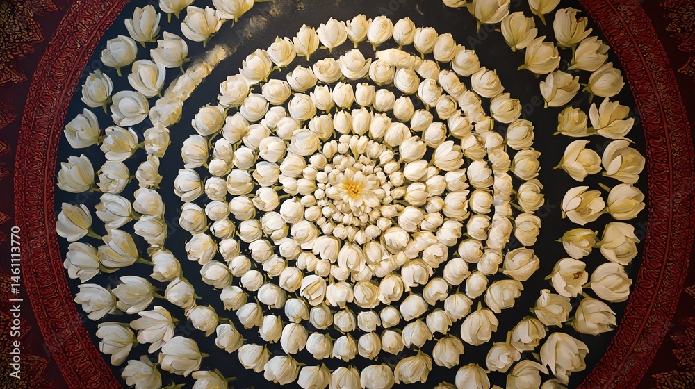 Spiral arrangement of white flowers on a dark background.