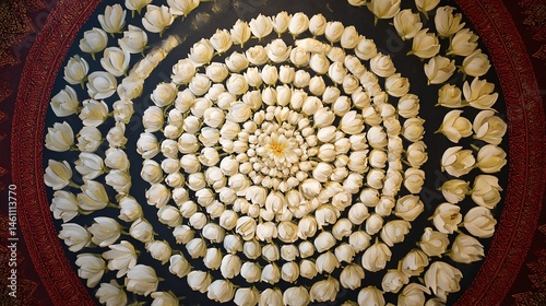 Obraz na płótnie Spiral arrangement of white flowers on a dark background. w salonie