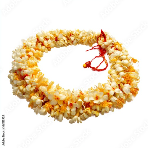 Obraz na płótnie Beautiful floral lei with white and orange flowers on a white isolated background. w salonie