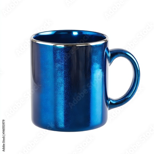 Shiny blue ceramic mug on white isolated background.