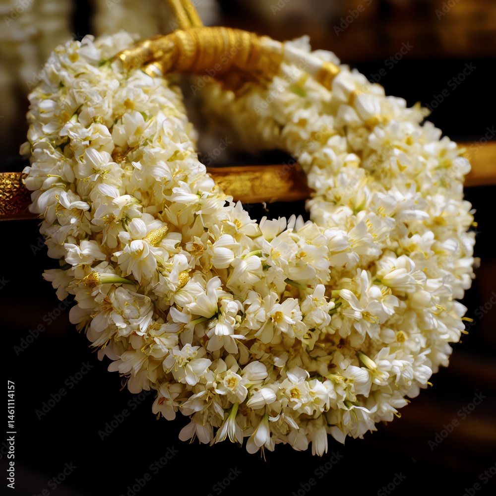 Elegant white flower lei with a rich texture, on a rustic background.