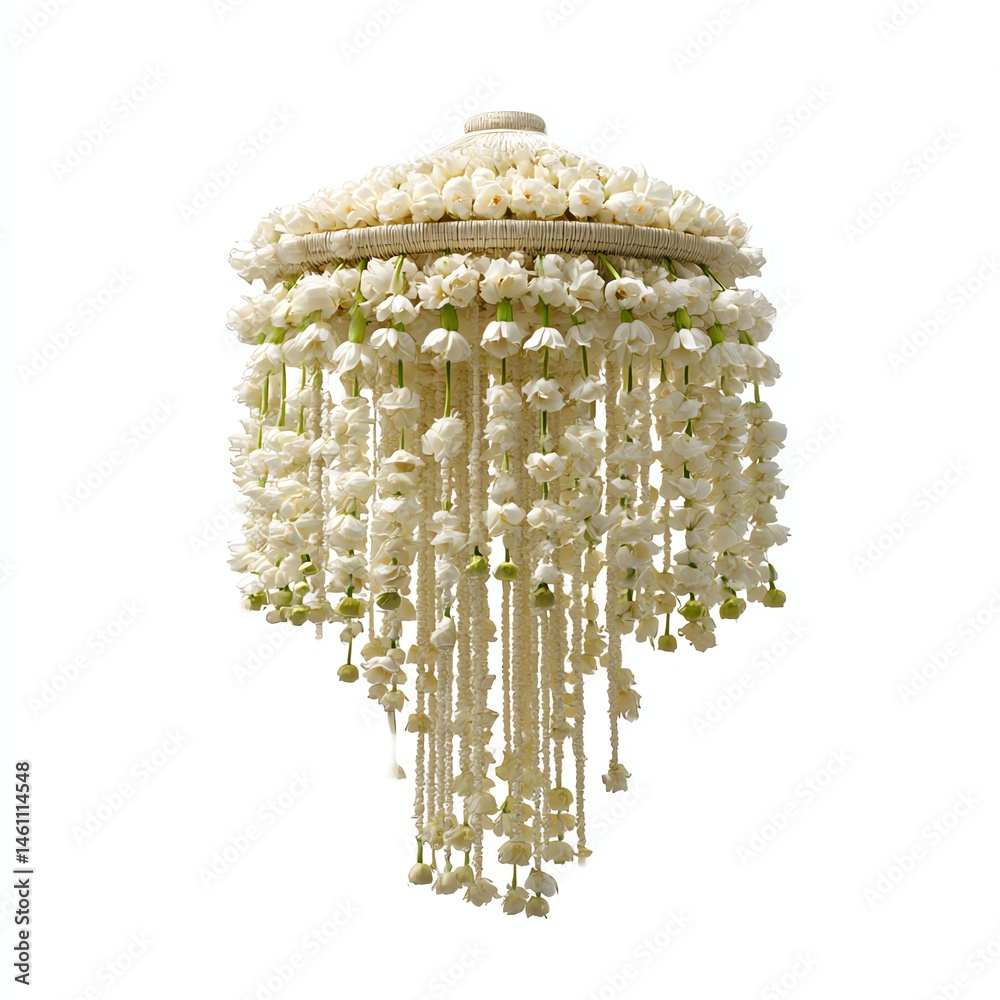 Elegant floral chandelier with hanging white blooms on white isolate background.