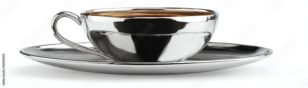 Stylish silver coffee cup with saucer, white isolate background
