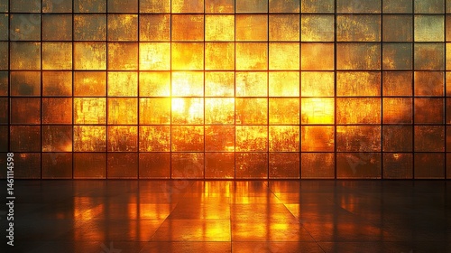 Symmetrical glass building facade with sunset reflections and golden window tint, tight angle emphasizing repetitive grid and urban density 