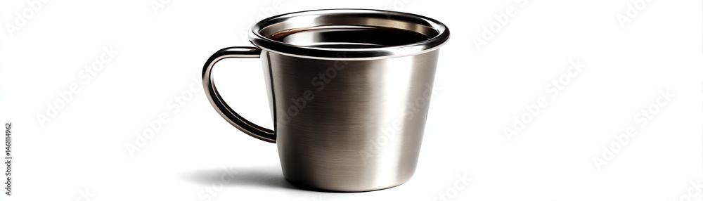 Stainless steel mug with handle, isolated on white background.