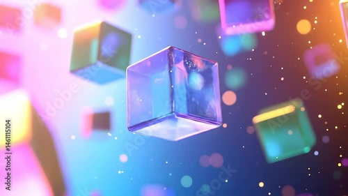Colorful Floating Geometric Cubes with Shimmering Particles in a Dreamlike Ambient Background