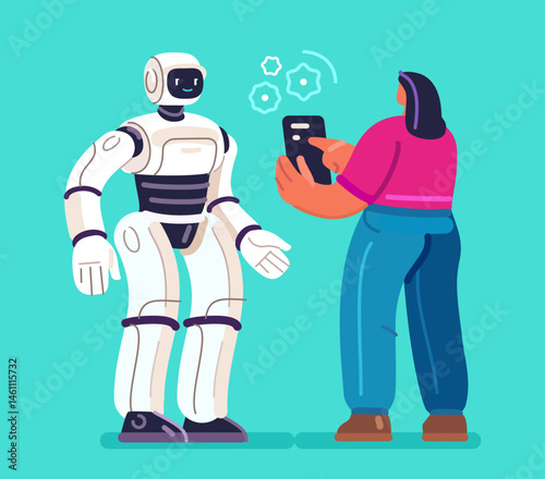 Robot assistant and human. Robotics, engineering technologies. Machine learning of artificial intelligence