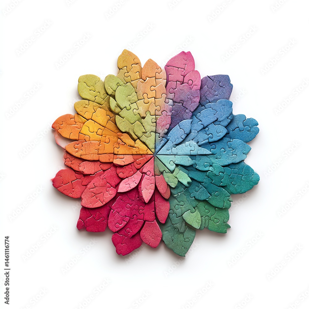 Colorful puzzle piece design arranged in a flower shape on a white background.