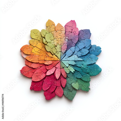 Obraz na płótnie Colorful puzzle piece design arranged in a flower shape on a white background. w salonie