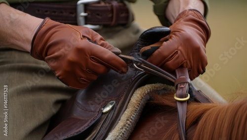 Equestrian craftsmanship: rider adjusting leather saddle girth with precision