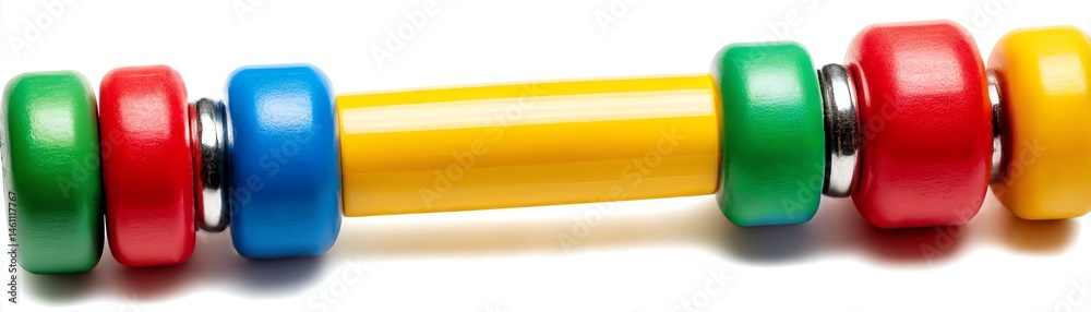 Colorful wooden toy beads on a white isolated background.