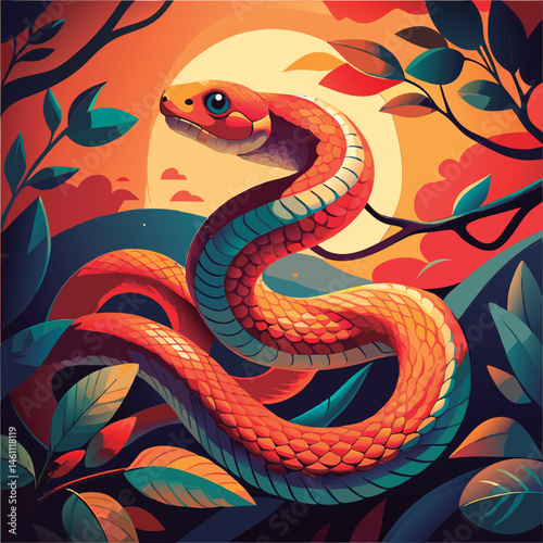 Vibrant orange snake in a lush forest scene.