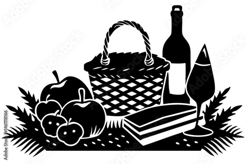 Silhouette of a picnic scene with blanket and picnic basket, picnic, silhouette, picnic basket, blanket, vector, outdoor, leisure, recreation, food, basket, summer, park, nature, relaxing, countryside