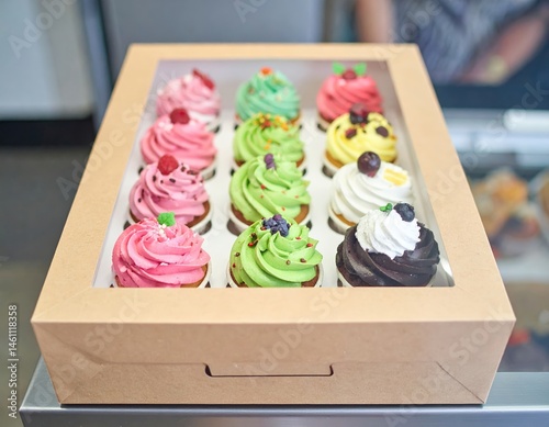 A colorful box of assorted cupcakes, featuring flavors like chocolate, vanilla, red velvet, and lemon, each topped with vibrant frosting and sprinkles. photo