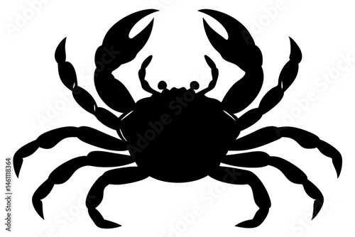 Top view black crab silhouette with large claw on white crab, silhouette, vector, seafood, animal, sea, ocean, aquatic, claw, shell, crustacean, top view, black, white, isolated, nature, marine