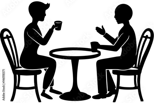 Two people sitting at a round table silhouette vector design, silhouette, people, table, sitting, round table, cafe, restaurant, bistro, chatting, talking, conversation, friendship, meeting, vector
