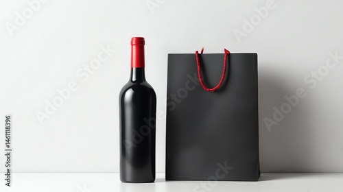 Wine bottle with red cap and black gift bag on a white isolate background.