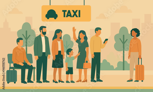 An illustration of a group of people waiting for a taxi on the street.